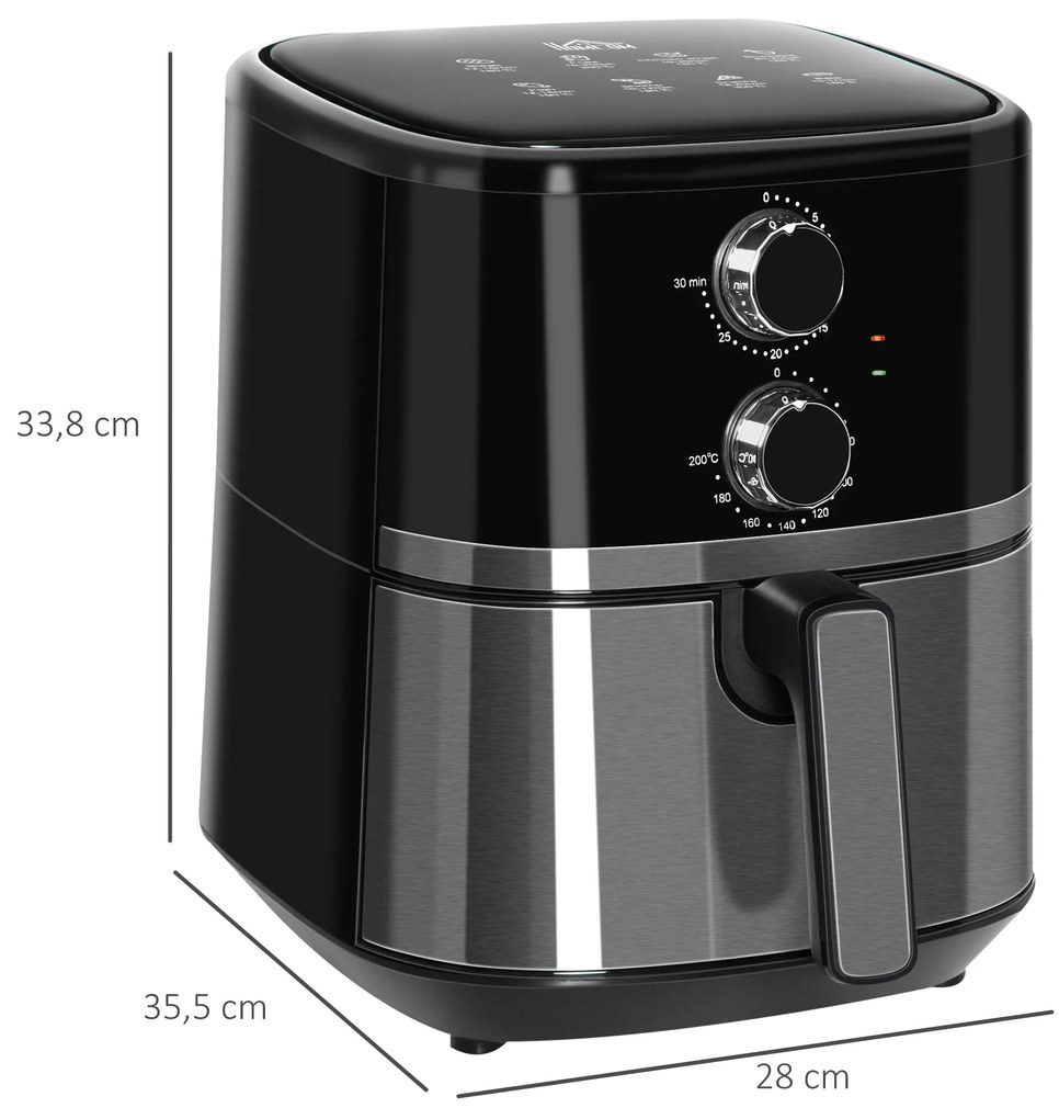 HOMCOM Fritadeira sem Óleo 4,5L Fritadeira de Ar Quente 1500W com 8 Programas Temporizador Temperatura Ajustável Desligamento Automático e Cesta Antiaderente 35,5x28x33,8cm Preto
