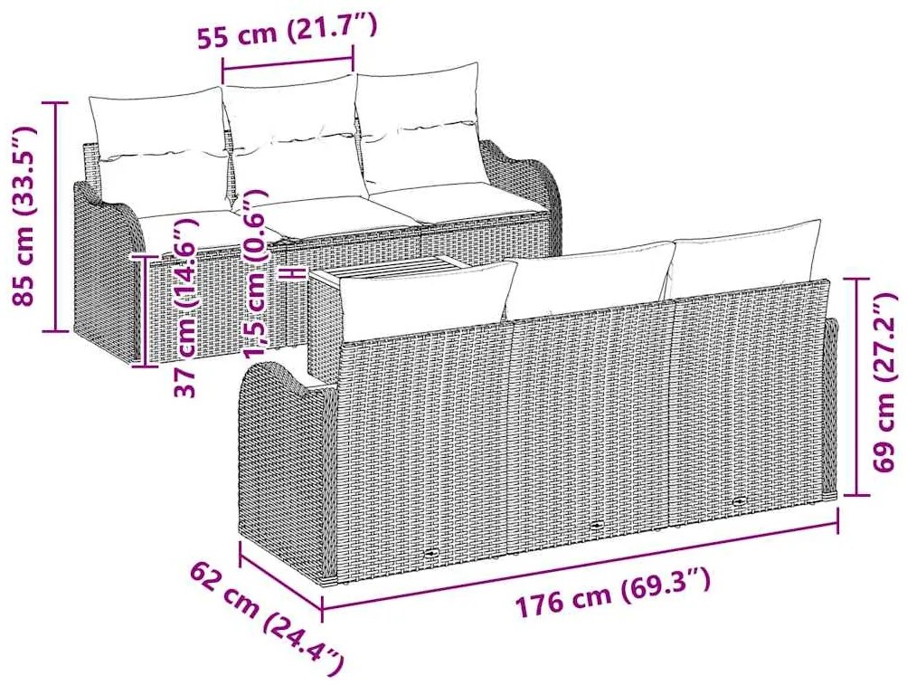 Conjunto de Sofá de Jardim 7 Peças com Almofadas Bege em Rattan Sintét