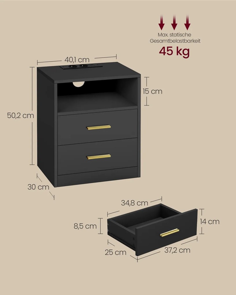 Conjunto 2 Mesas de cabeceira 35 x 40,1 x 50,2 cm com estação de carregamento e LED branco Coleção Custos Pretas