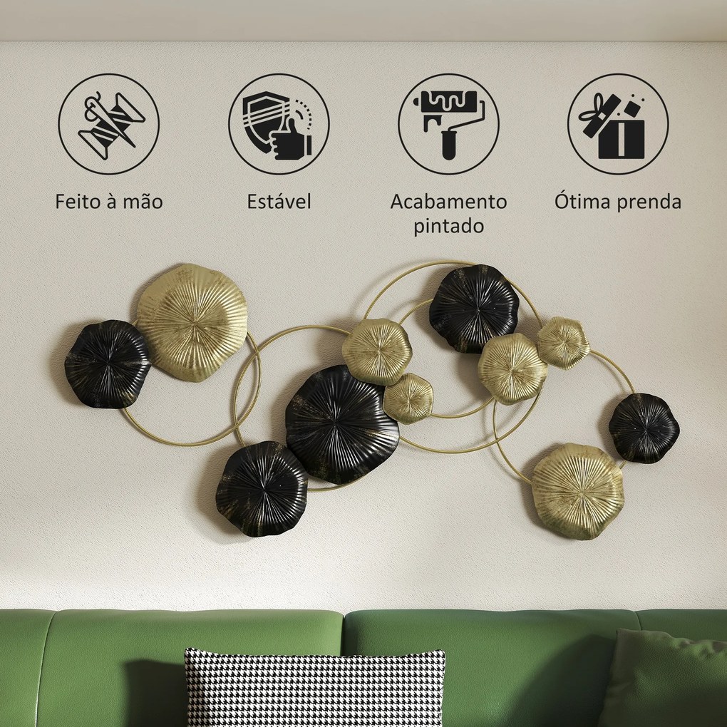 Decoração de Parede em Metal com Forma de Flor de Lótus Adorno para Sala Moderna Decoração 84x35 cm Dourado e Preto