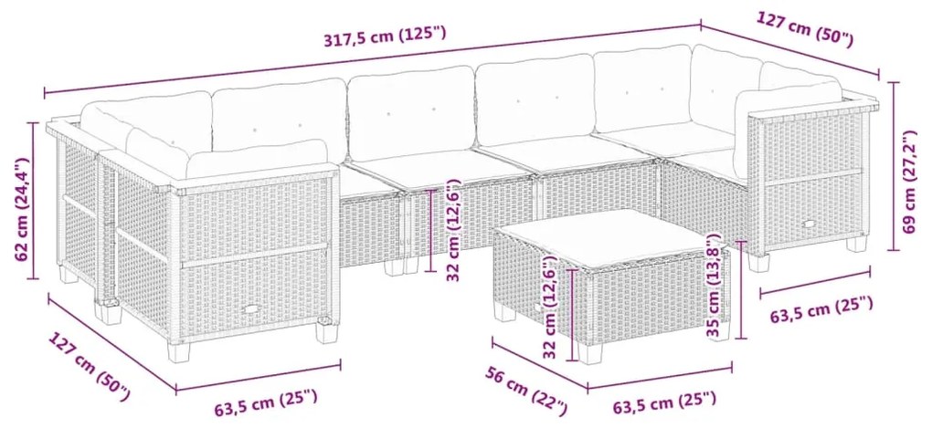 8 pcs conjunto de sofás p/ jardim com almofadões vime PE bege