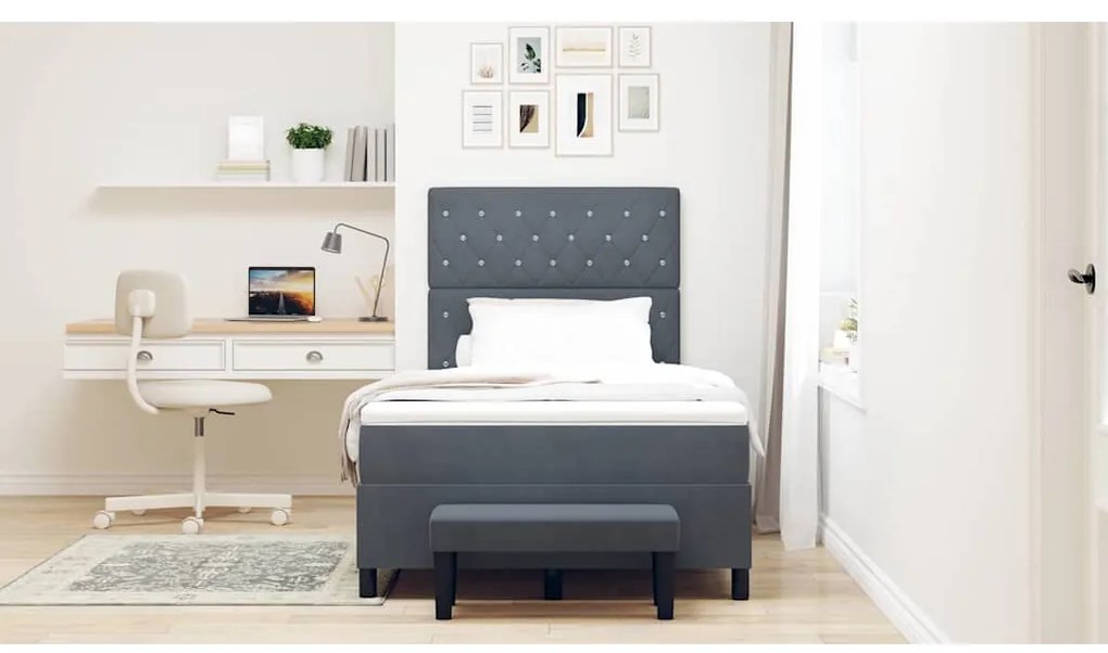 Cama Box Spring com Colchão e Banco Cinza Escuro 120x190 cm Veludo