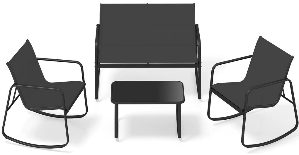 Conjunto de móveis de jardim de 4 peças, móveis de pátio com movimento de balanço suave, grupo de assentos para 4 pessoas, azul