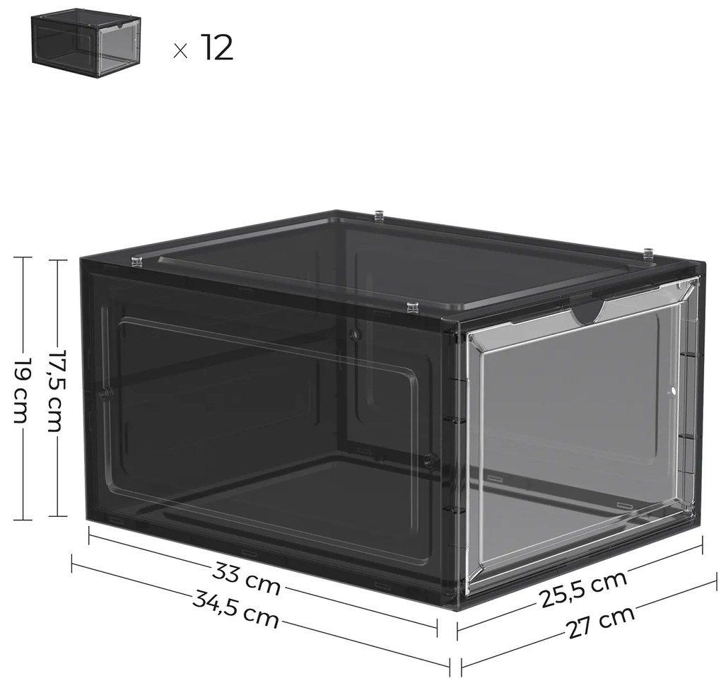 Conjunto de 12 caixas de arrumação sapatos Plástico 27 x 34,5 x 19 cm Pretas