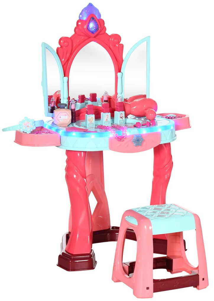 Toucador Infantil com Banco Espelho Luz Música e Secador Inclui 18 Acessórios Toucador de Maquilhagem 57x34x76cm Multicor