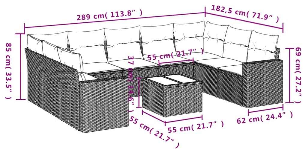 10 pcs conjunto sofás de jardim c/ almofadões vime PE preto