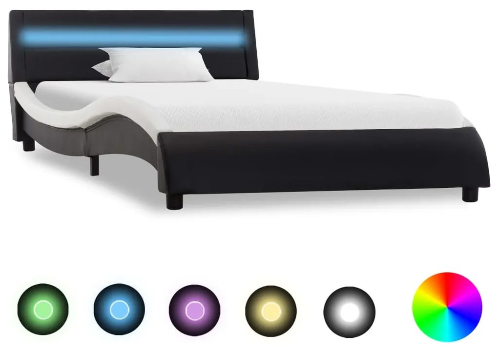 Estrutura cama c/ LEDs 100x200 cm couro artificial preto/branco