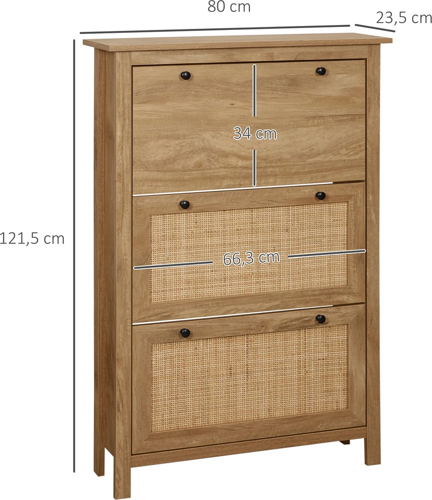 Sapateira, Móvel para sapatos, prateleira para sapatos, armário de 3 portas com abas, efeito de vime - em madeira natural
