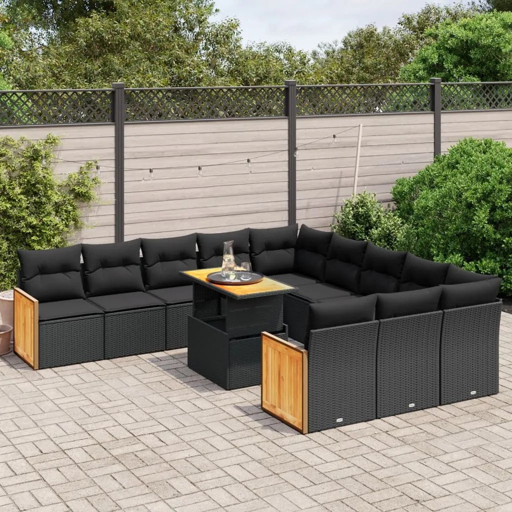 11 pcs conjunto sofás de jardim c/ almofadões vime PE preto