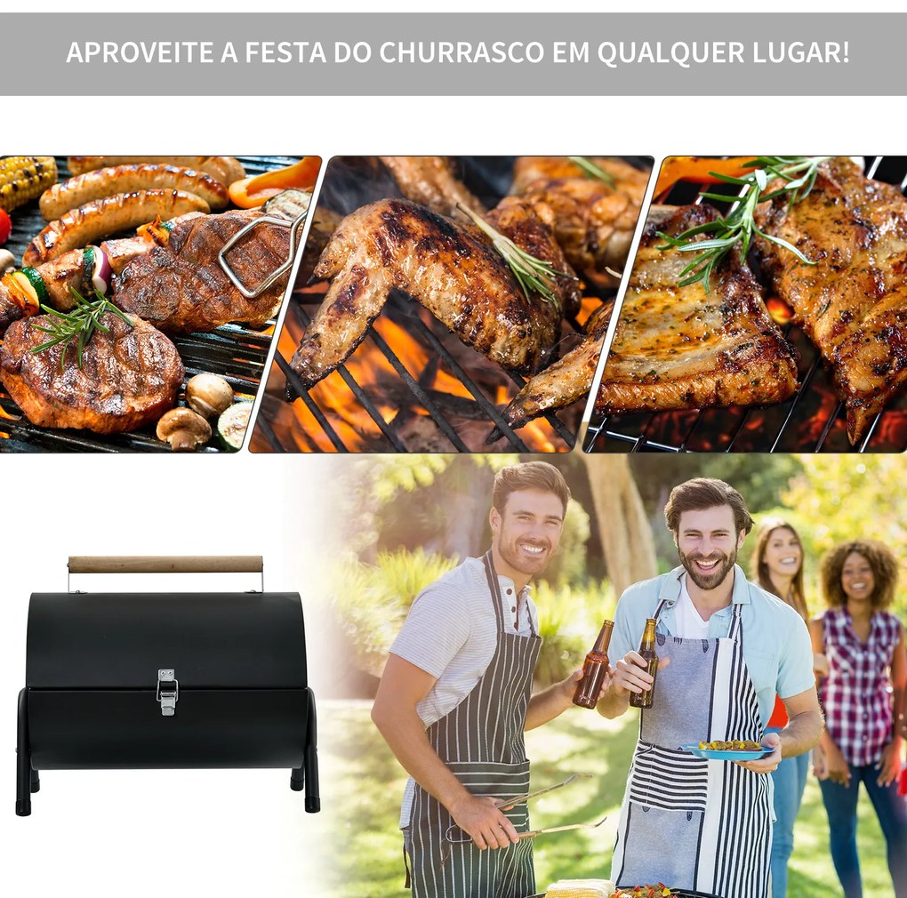 Outsunny Churrasqueira portátil a carvão com 2 grelhadores Cozinha com puxador e fechadura para churrasco Picnic Camping 42x26x42 cm Preto