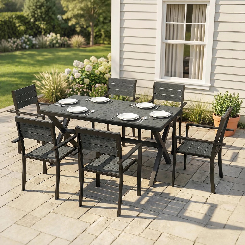 Conjunto de jantar de jardim de 7 peças para 6 pessoas, mesa e cadeiras empilháveis com ripas com efeito de madeira, estrutura em alumínio, cinzento