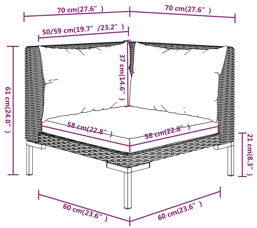 4 pcs conj. lounge jardim c/ almofadões vime PE cinza-escuro