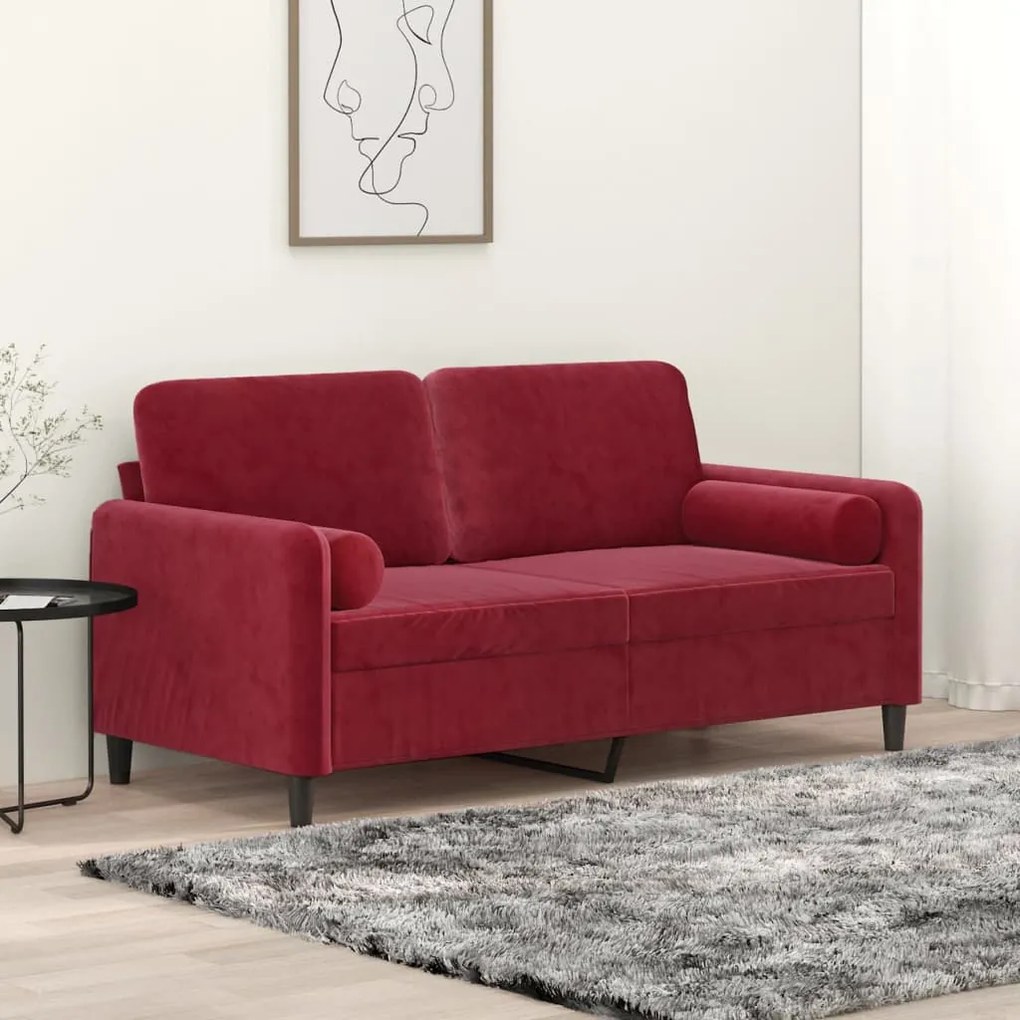 vidaXL Sofá 2 lug. c/ almofadas/almofadões 140cm veludo vermelho tinto