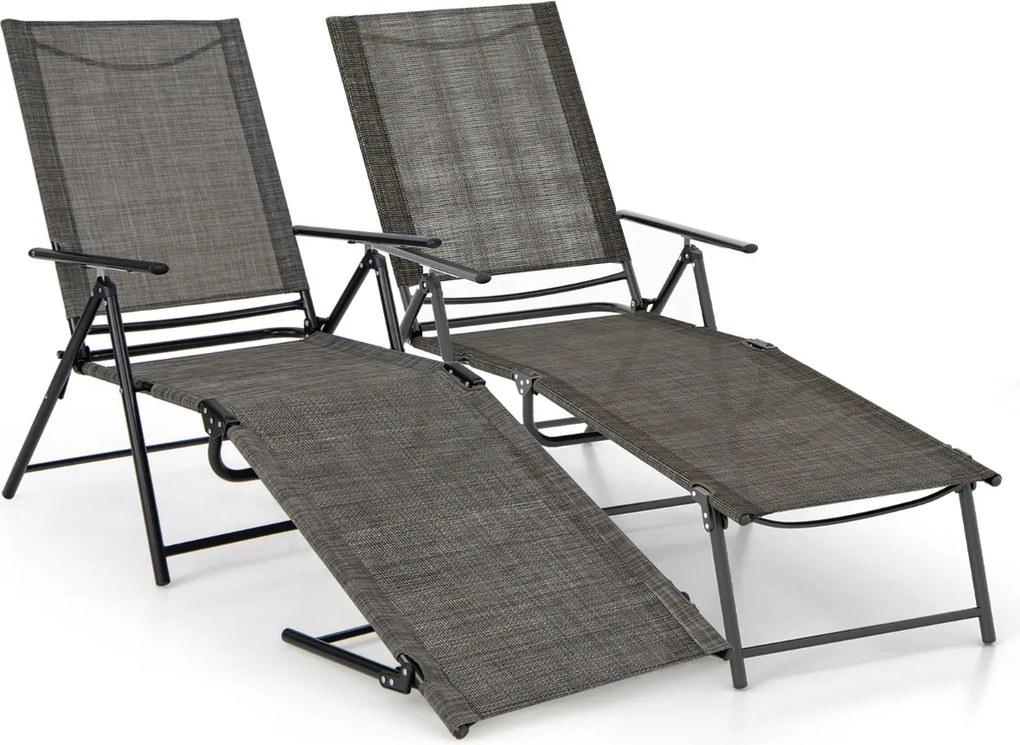 Conjunto de 2 espreguiçadeiras jardim dobráveis com encosto de 6 níveis Assento respirável Estrutura metálica em tecido 189 x 64 x 102 cm Castanho