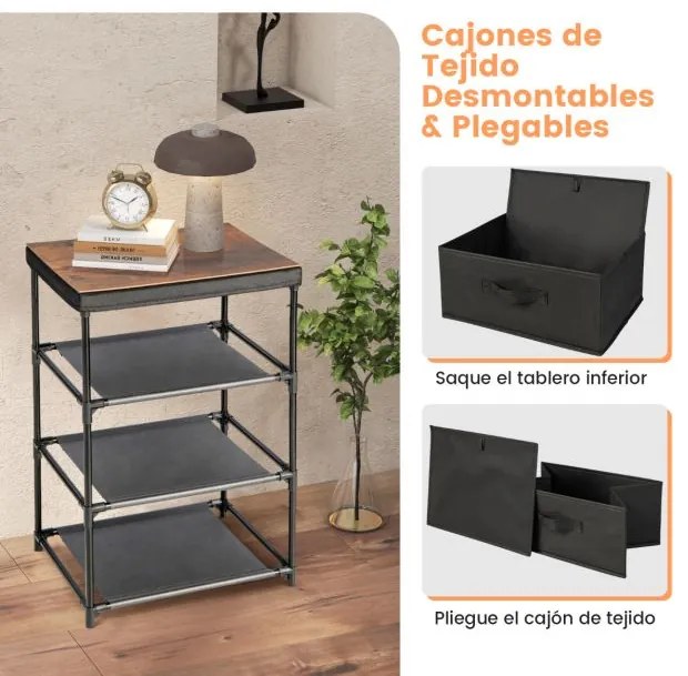 Conjunto 2 Mesas de cabeceira, mesas de apoio com 3 gavetas tecido Estrutura metálica 40 cm x 30 cm x 62 cm Cinzenta