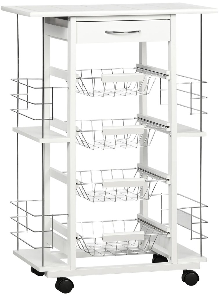 HOMCOM Carrinho de Cozinha com Rodas Gaveta 4 Cestas de Metal e 4 Suportes para Temperos Laterais 57x37x83cm Branco | Aosom Portugal