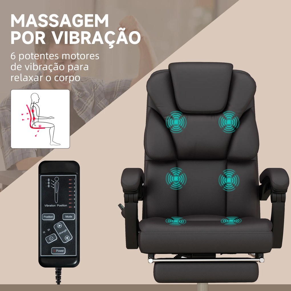 Vinsetto Cadeira de Escritório com 6 Pontos de Massagem Cadeira Executiva Reclinável de PU com Controlo Remoto Altura Ajustável Encosto Alto Apoio para os Pés e Bolso 63x57x118-126 cm Marrom
