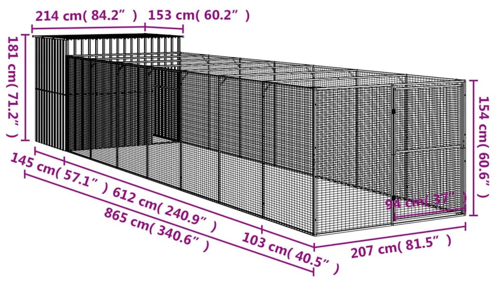 Casota cães c/ parque 214x865x181 cm aço galvaniz. cinza-claro