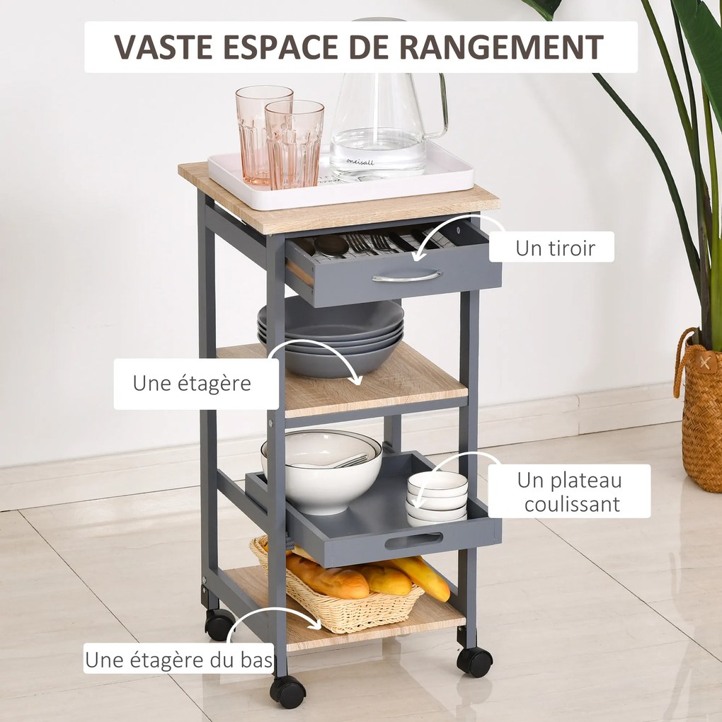 Carrinho de serviço de cozinha com rodas, 2 prateleiras + tabuleiro amovível + gaveta em madeira de pinho MDF cinzento carvalho claro
