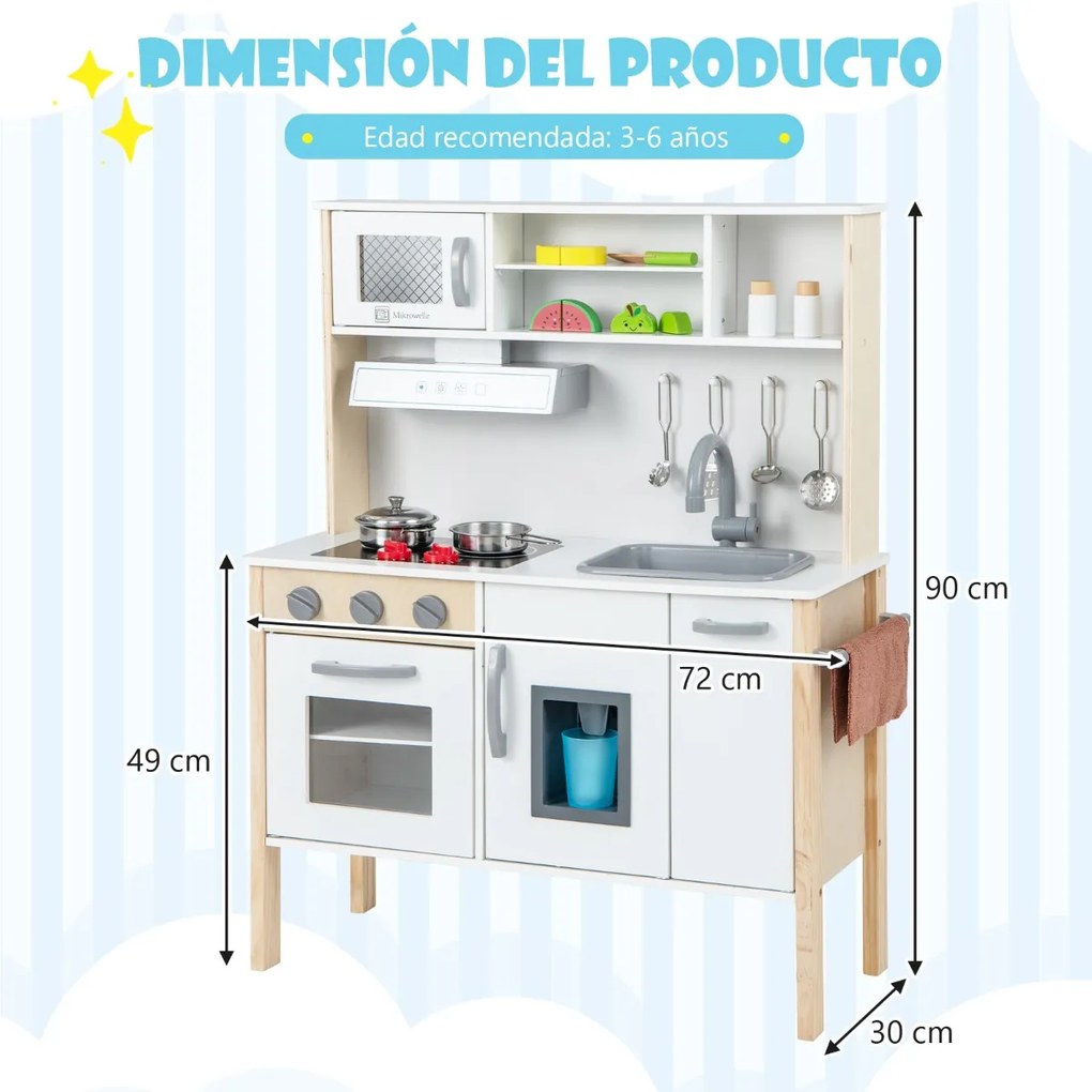 Cozinha de brincar para crianças em madeira com micro-ondas, exaustor, fogão, lava-loiça, máquina de gelo e 18 acessórios Branco