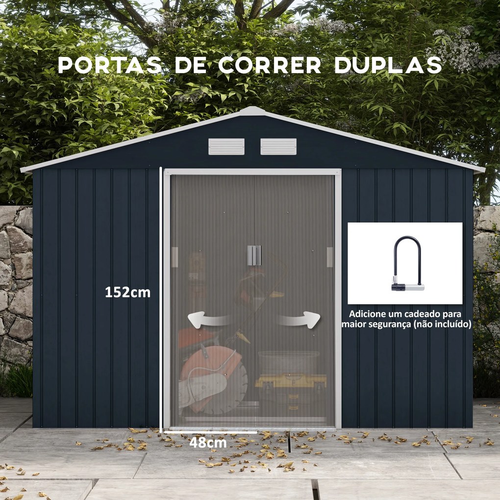 Abrigo de Jardim Metálico para Armazenamento de Ferramentas com Base de Reforço Incluída e 4 Janelas 277x195x192cm Cinza Escuro