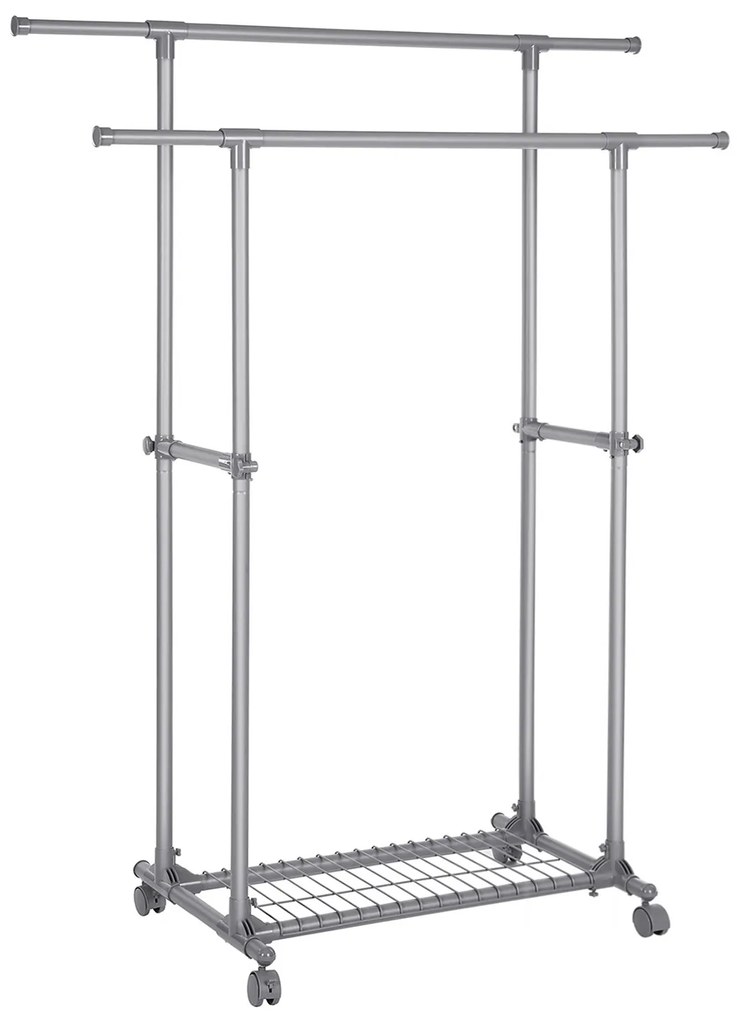 SONGMICS Cabideiro Duplo para Roupas, Extensível, de 87 a 150 cm, com Rodas e Prateleira, Estrutura Resistente, Carga Estática Máxima de 70 kg, para Lenços e Roupas, Cinza LLR13GY