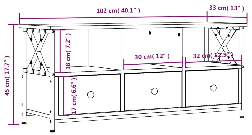 Móvel de TV 102x33x45 cm derivados de madeira e ferro preto