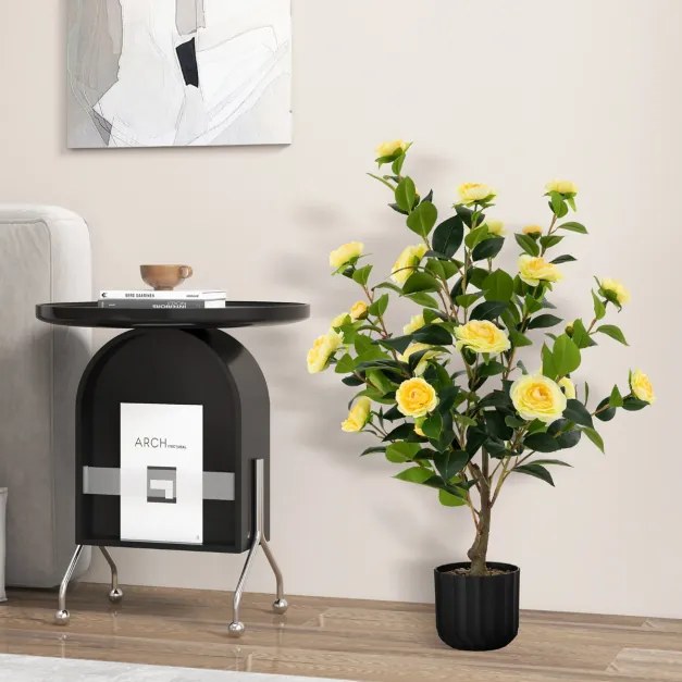 Conjunto de 2 árvores de camélia artificiais 95 cm Planta de flor falsa num vaso de cimento Amarelas