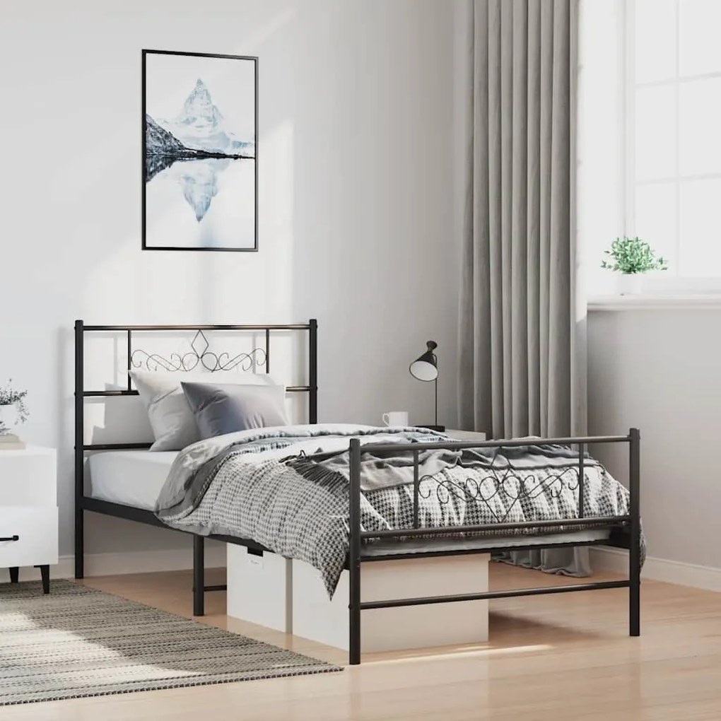 vidaXL Estrutura de cama com cabeceira e pés 100x200 cm metal preto