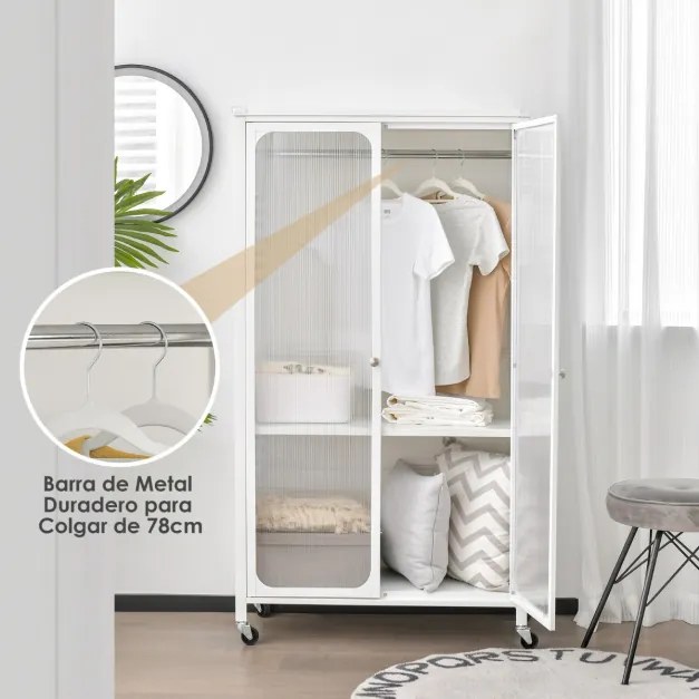 Armário guarda roupa de metal com haste suspensa e prateleira ajustável organizador de roupas para quarto 80,5 x 36,5 x 147 cm branco
