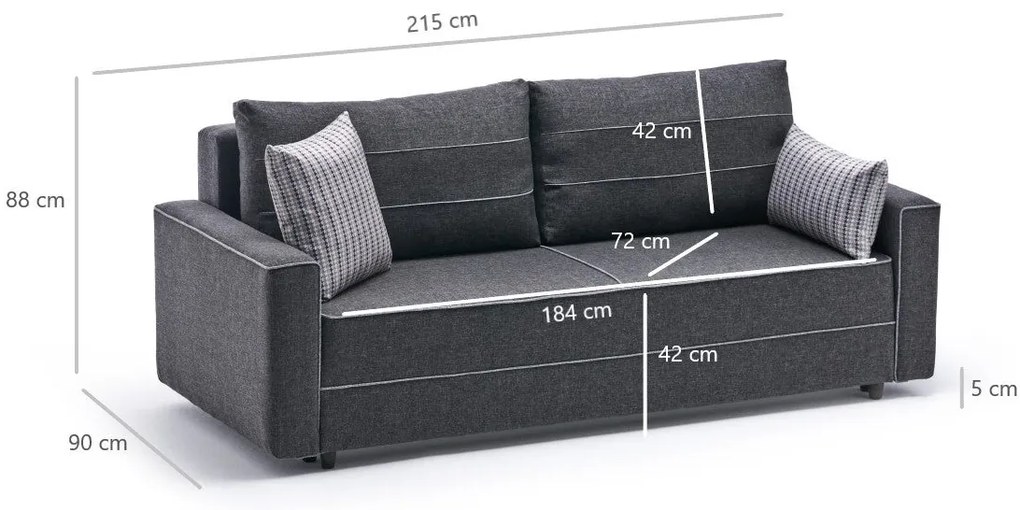 Sofá-cama de 3 lugares Ece – Antracite – 215x88x90 cm