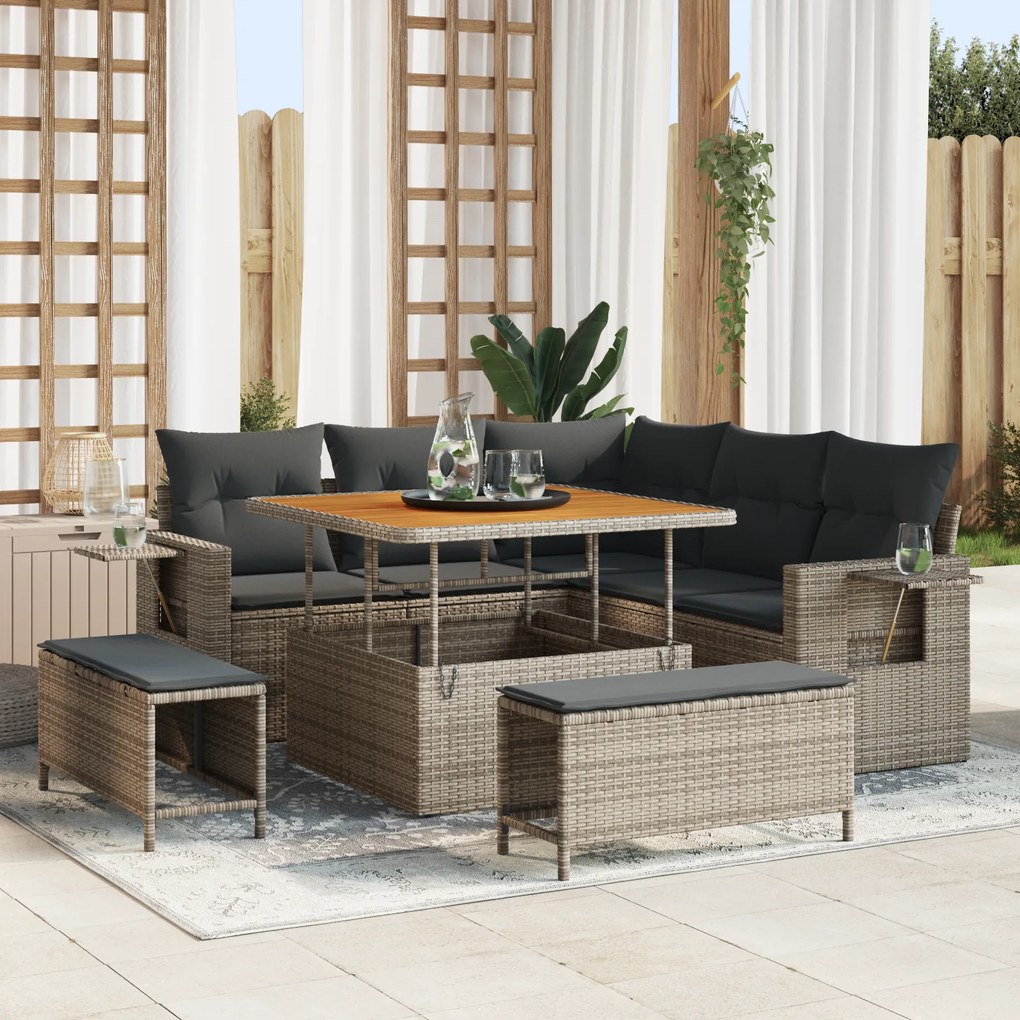 Conjunto de Sofás de Jardim de 8 Peças com Almofadas Cinza Rattan Sintético Acácia