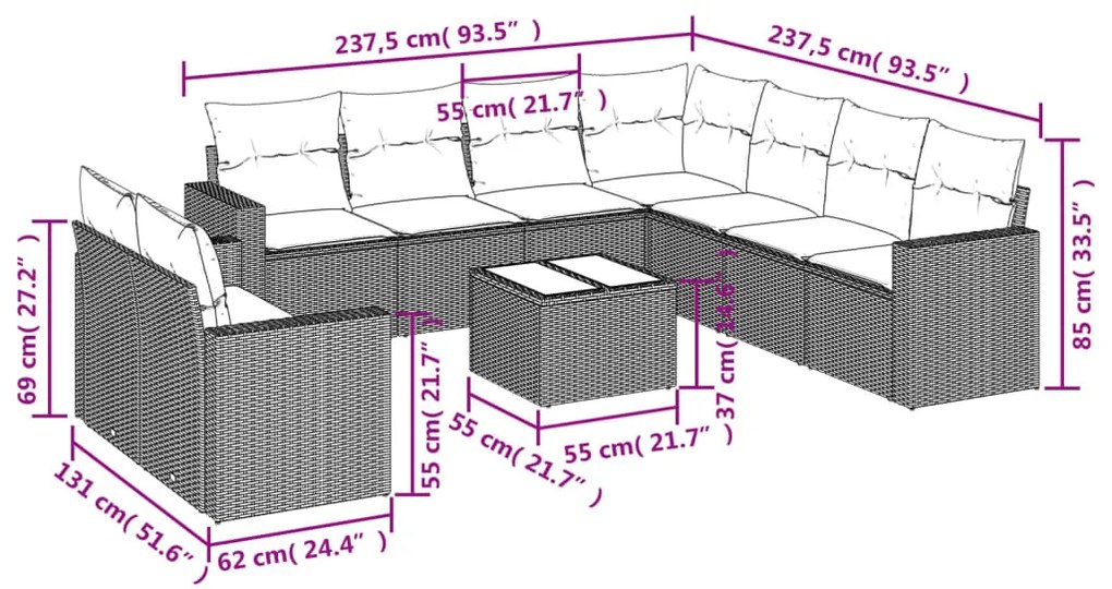 10 pcs conjunto sofás de jardim c/ almofadões vime PE preto