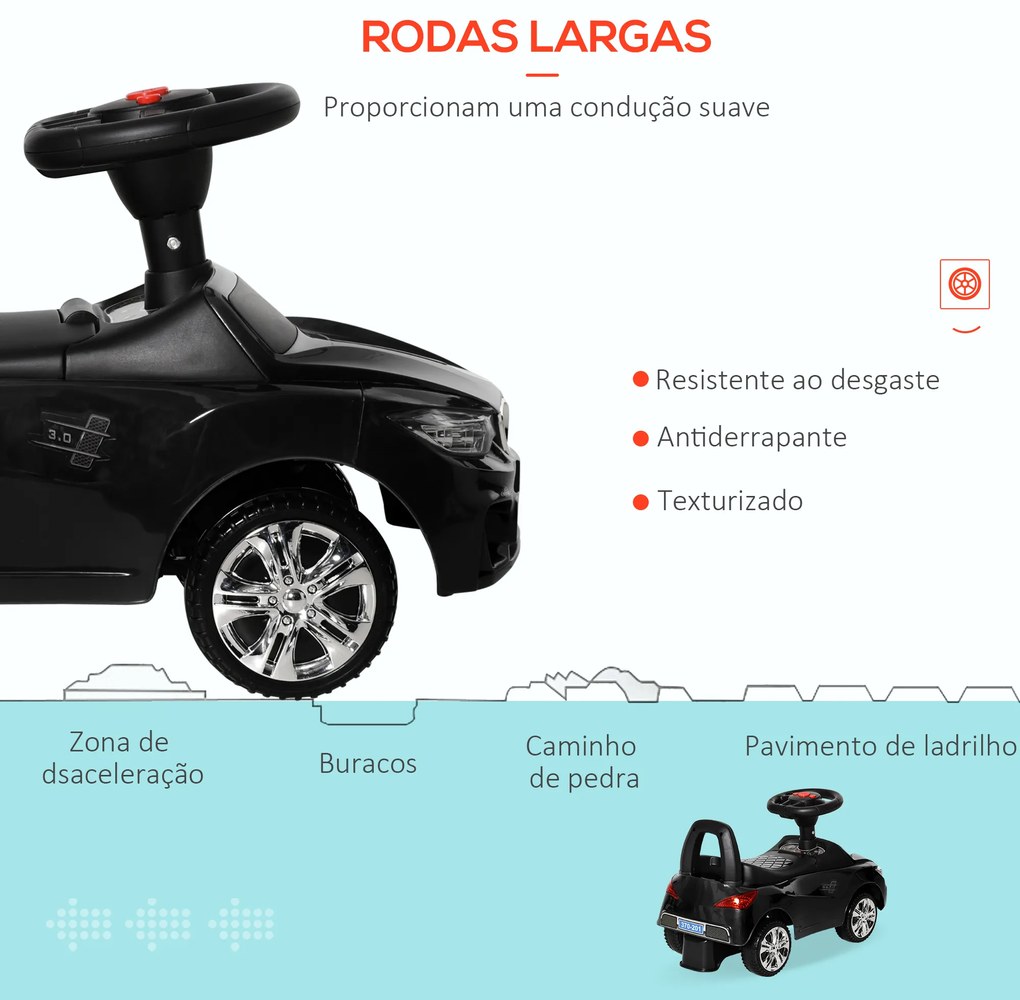 Carro Andador para Crianças com Faróis Música Buzina Volante Compartimento de Armazenamento 63,5x28x36 cm Preto