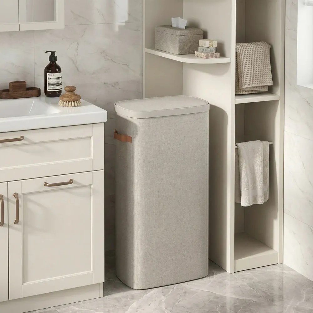 Cesto da roupa suja, cesto de 65 L, cesto com tampa e pegas, 39 x 22 x 75 cm, bege