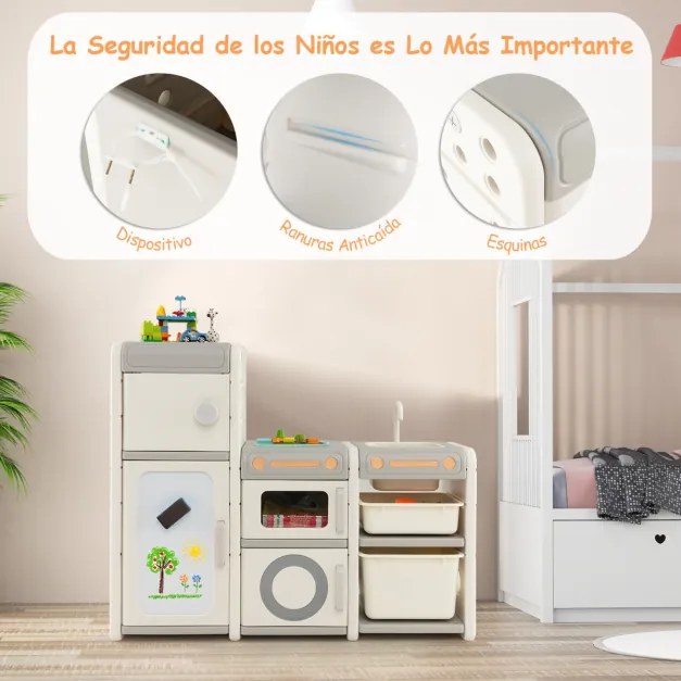 Organizador de arrumação de brinquedos para crianças Estante para crianças com quadro magnético Baú com armarios 116 x 38 x 98 cm Cinzento