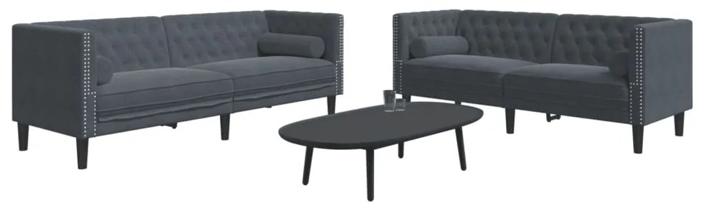 2 pcs conj. de sofás chesterfield com rolos veludo cinza-escuro