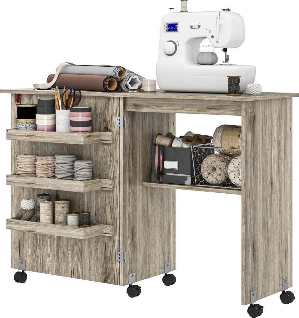 Mesa de costura dobrável 59 L x 40 P x 79,5 A cm (dobrado), móvel de costura com aba, com caixas de arrumação, prateleira aberta e rodas com efeito de