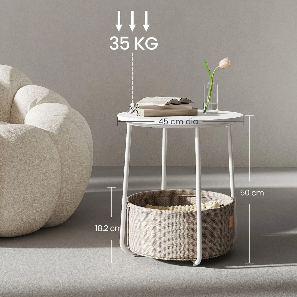 Mesa auxiliar redonda com cesto em tecido 45 x 50 cm branco + bege