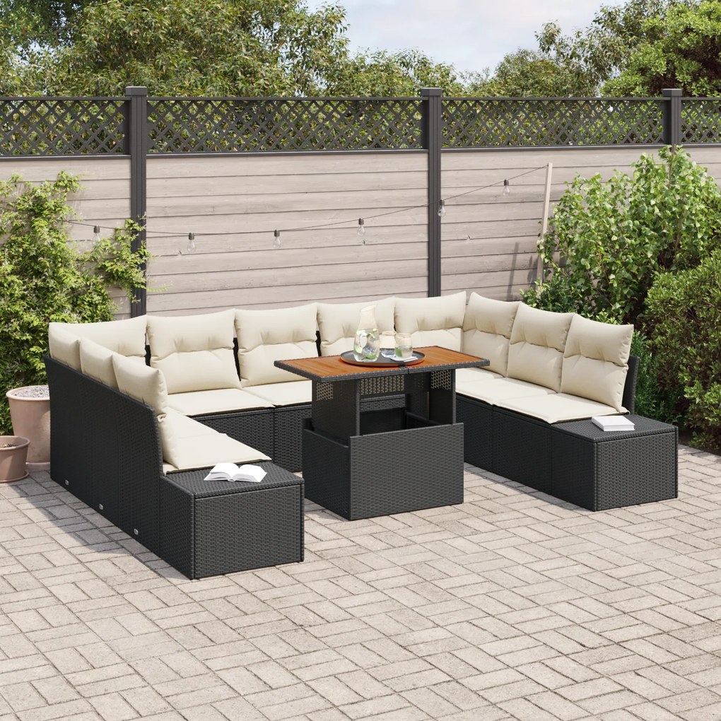 Conjunto de Sofá de Jardim 10 Peças com Almofadas Preto Vime PE