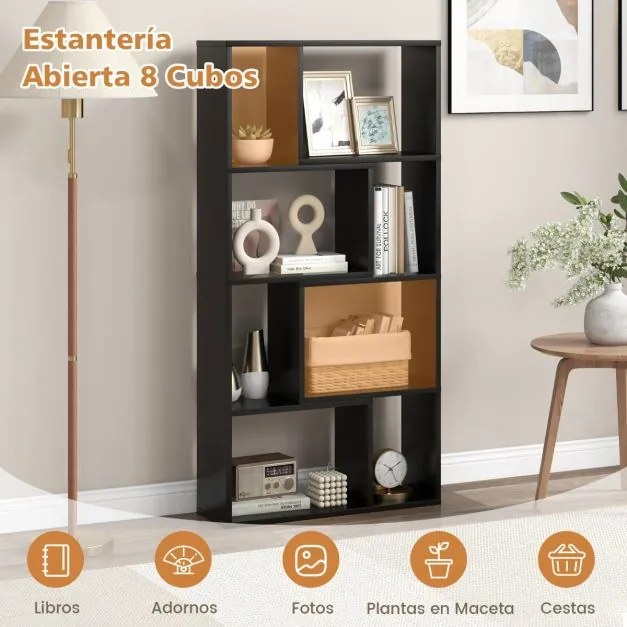 Estante geométrica de 4 níveis 60 x 20 x 120 cm, organizador de 8 cubos, estante aberta para exposição para sala de estar ou escritório Preta