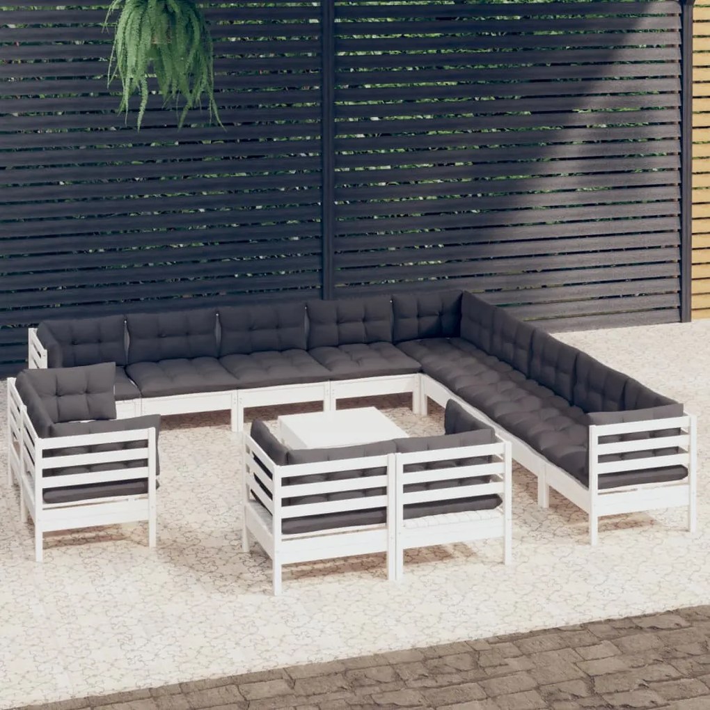 14 pcs conj. lounge de jardim c/ almofadões pinho maciço branco