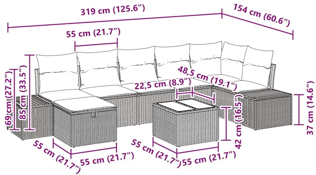 Conjunto de Sofá de Jardim de 8 Peças com Almofadas Preto Rattan Sinté