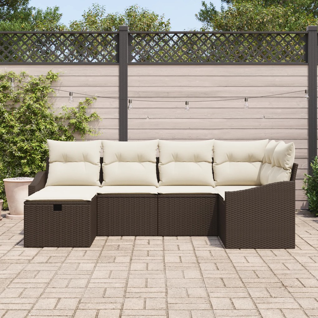 Conjunto de Sofá de Jardim de 6 Peças com Almofadas Castanho Rattan Po