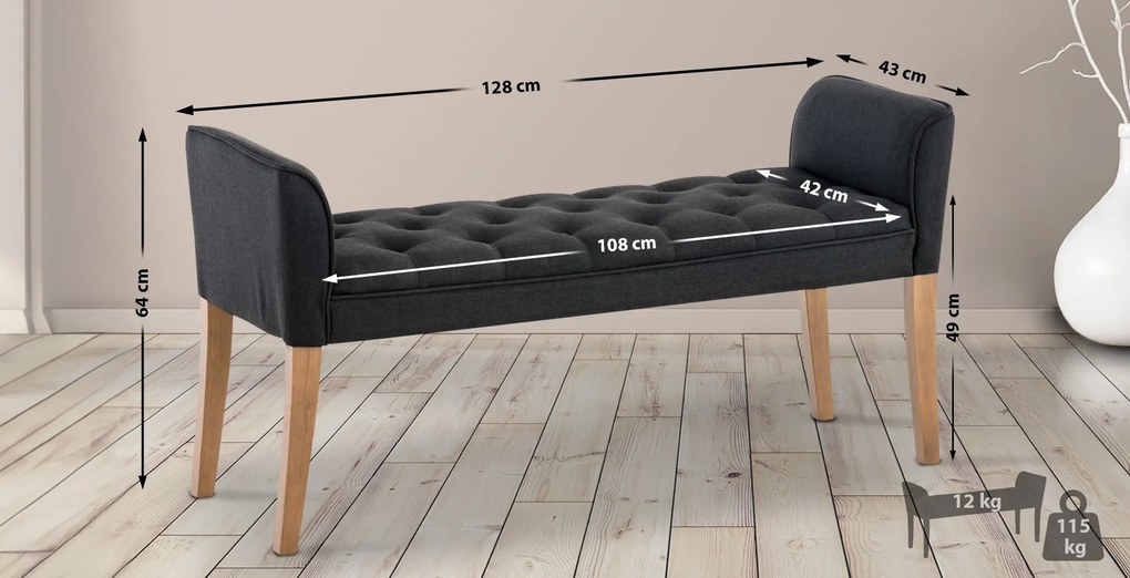 Banco estofado Cleopatra 64 x 128 x 43 cm Cinzento escuro