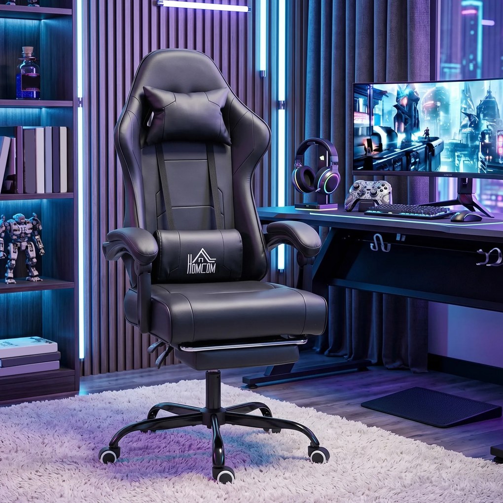 Cadeira de gaming ergonómica, cadeira para gamers com apoio lombar com função de massagem, encosto reclinável, altura ajustável, preta