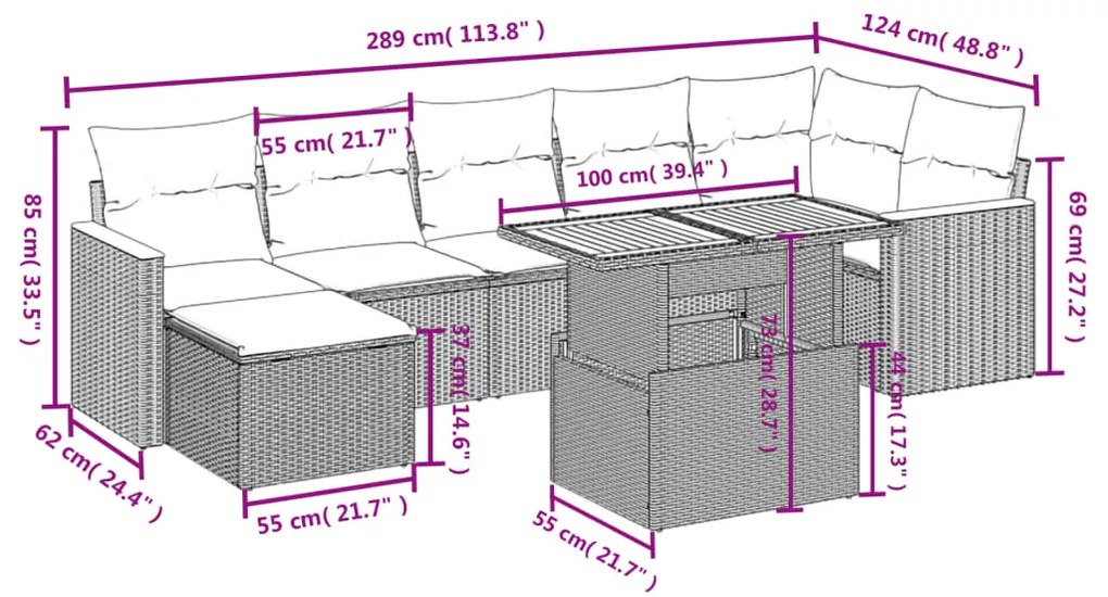 8 pcs conjunto de sofás p/ jardim com almofadões vime PE bege