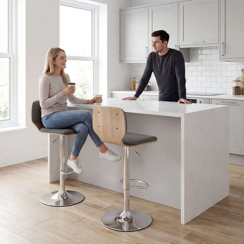 Conjunto de 2 bancos de bar, com altura ajustável, encosto e apoio para os pés, giratórios a 360°, 41 x 47,5 x 81-102 cm, cinzento