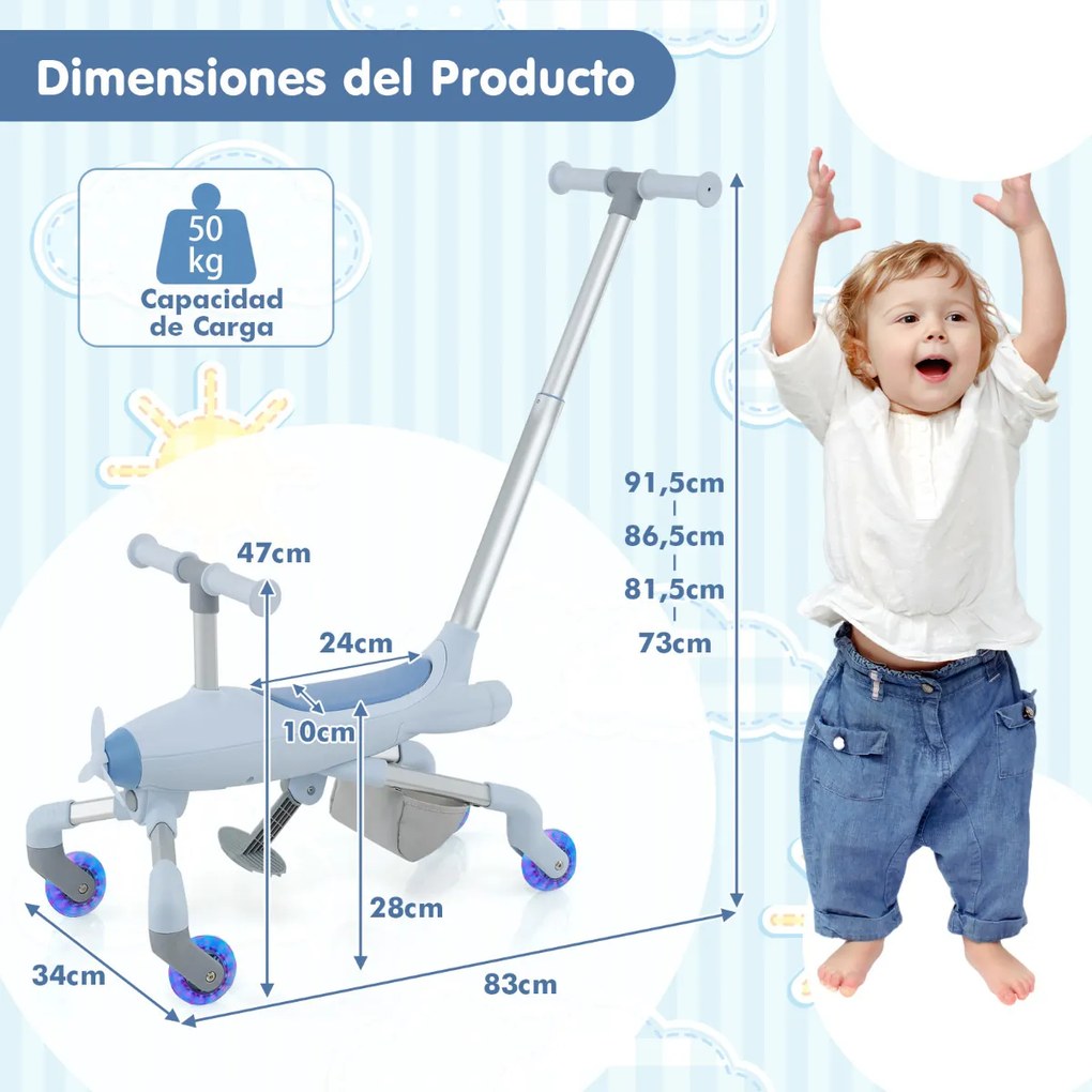 Carrinho de bebé 2 em 1 com tema de avião, rodas iluminadas por LED, pega amovível, apoio para os pés dobrável e ajustável para crianças dos 18 aos 70