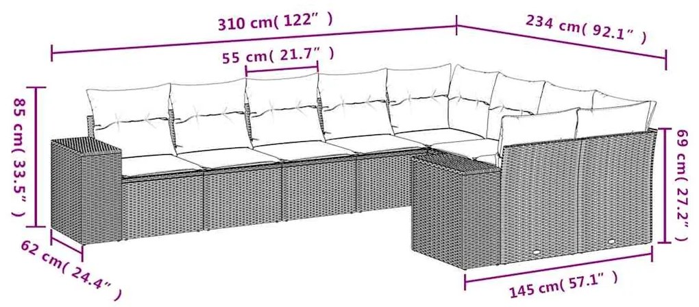 9 pcs conj. sofás jardim com almofadões vime PE cinzento-claro